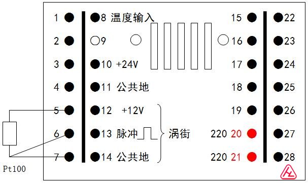 流量(脉冲)、温度（Pt100）和电源的接线方法