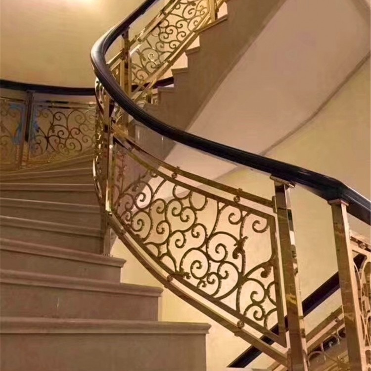 雕刻镀金铜艺楼梯护栏 铜板镂空微旋转楼梯扶手栏杆